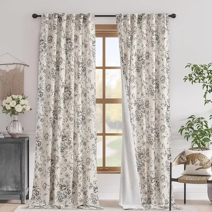 jinchan Blackout Linen Blend Curtain Floral Blackout Curtains for Living Room 120 Inch Length Black Printed with Lined Blackout Curtain for Bedroom Farmhouse Curtains Set 2 Panels