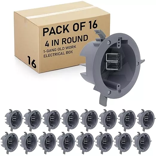 (Pack of 16) 4'' Old Work Round Electrical Box, One-Gang Grey PVC Junction Box, 18 Inch Capacity, Round Ceiling Remodel Box with Built-in Mounting Tabs, Three Mounting Wings, 2-Hour Fire Rated Walls